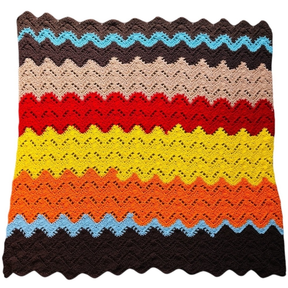Vintage Crochet Zig Zag Pattern Chevron Ripple Afghan Blanket Measures 52x53